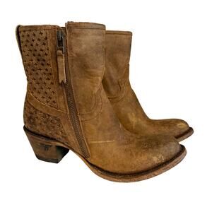 Lane Leather Ankle Boots Sze 6.5 Brown Perforated Western Cowgirl Rodeo Festival